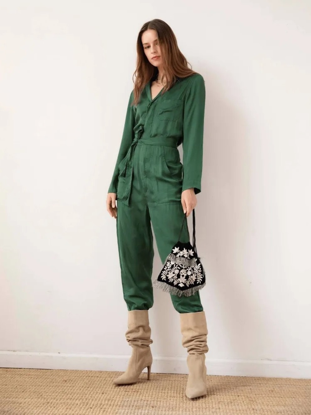 Guadalupe Design Lydia Forest Green Utility Jumpsuit Size Small